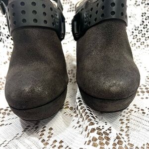 Frye dark grey heeled mules